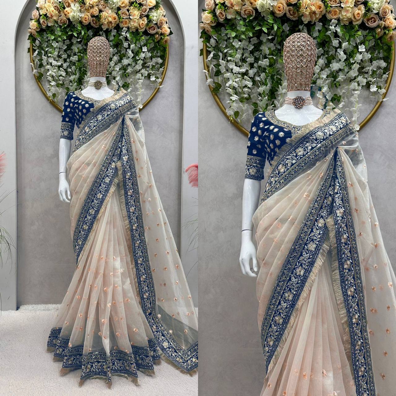 Cream Color Tissue Silk Sequence Work Wedding Wear Saree