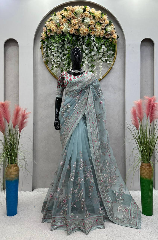 Amazing Sea Green Color Sequence Work Organza Silk Saree Blouse