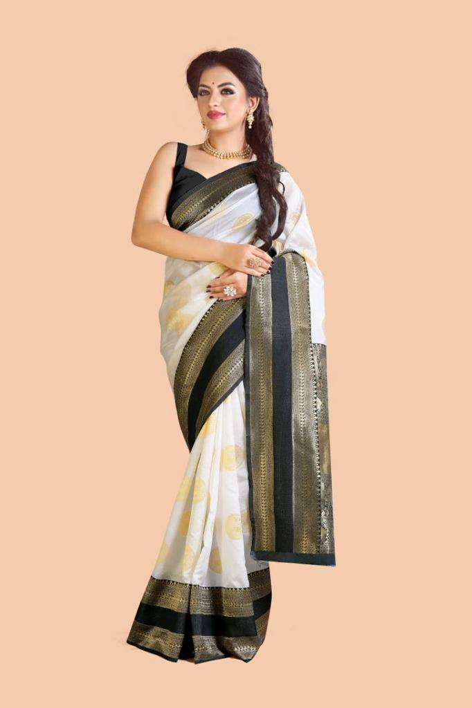 Wedding Wear Cream Jacquard Work Lichi Silk Saree Blouse