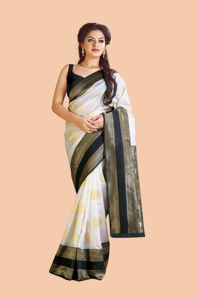 Wedding Wear Cream Jacquard Work Lichi Silk Saree Blouse