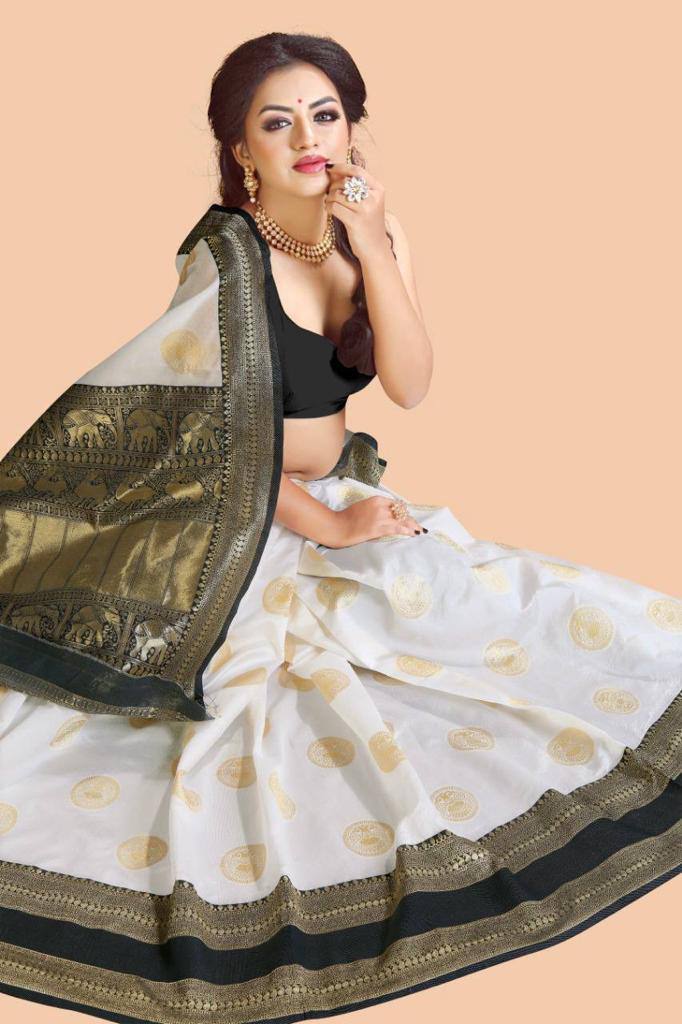 Wedding Wear Cream Jacquard Work Lichi Silk Saree Blouse