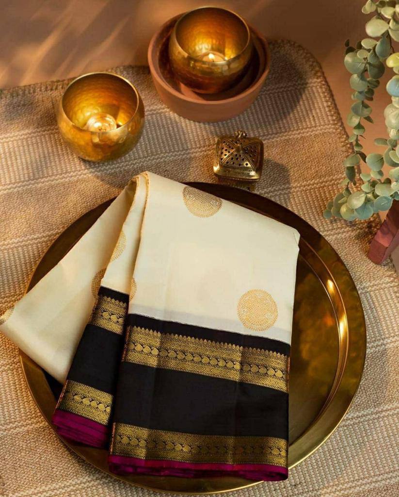 Wedding Wear Cream Jacquard Work Lichi Silk Saree Blouse