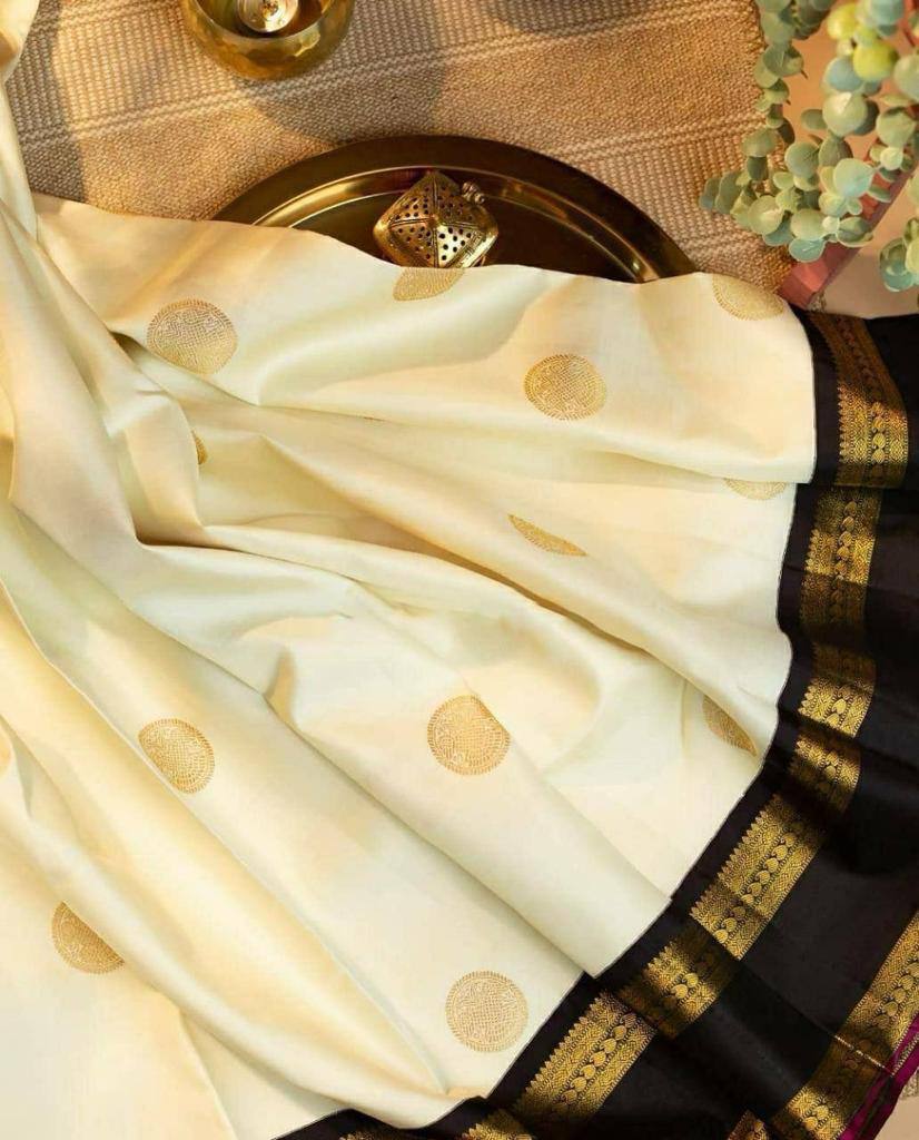 Elegant Cream Color Lichi Silk Jacquard Work Saree Blouse