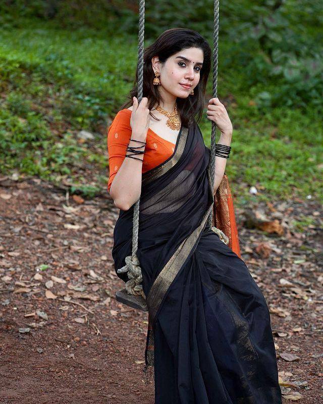 Black Color Weaving Work Linen Saree Blouse