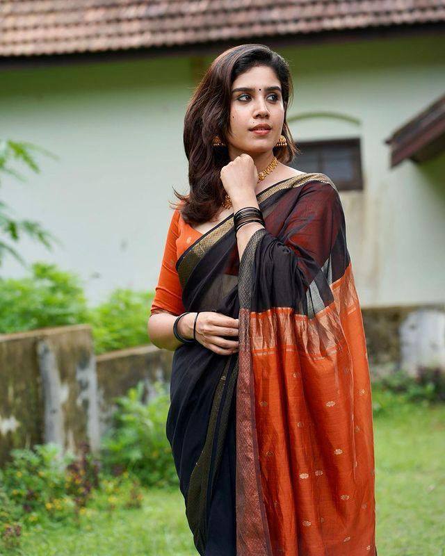 Black Color Weaving Work Linen Saree Blouse