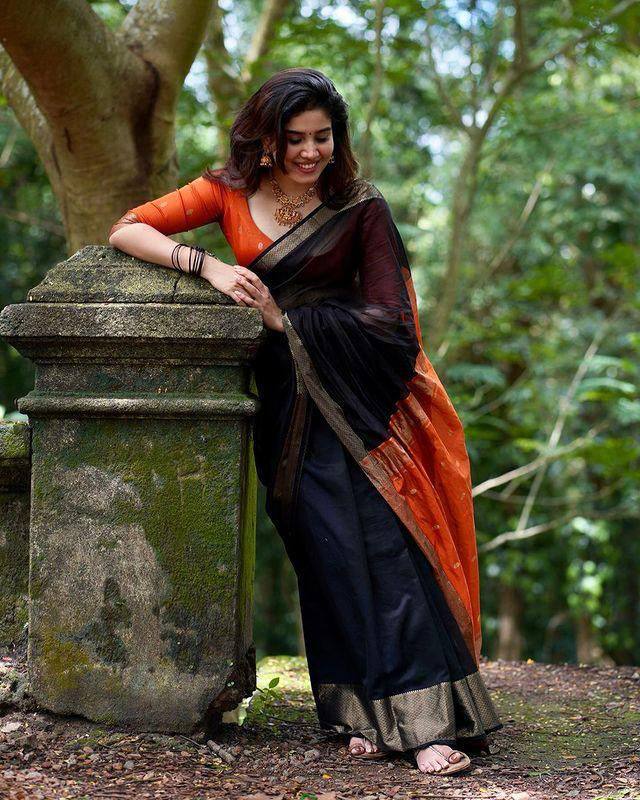 Black Color Weaving Work Linen Saree Blouse