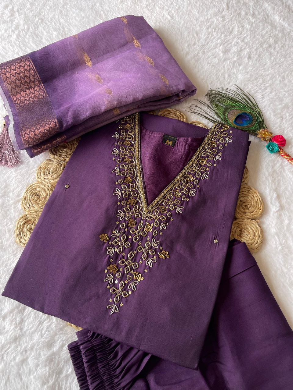 Unique Wine Color Hand Work Roman Silk Salwar Suit