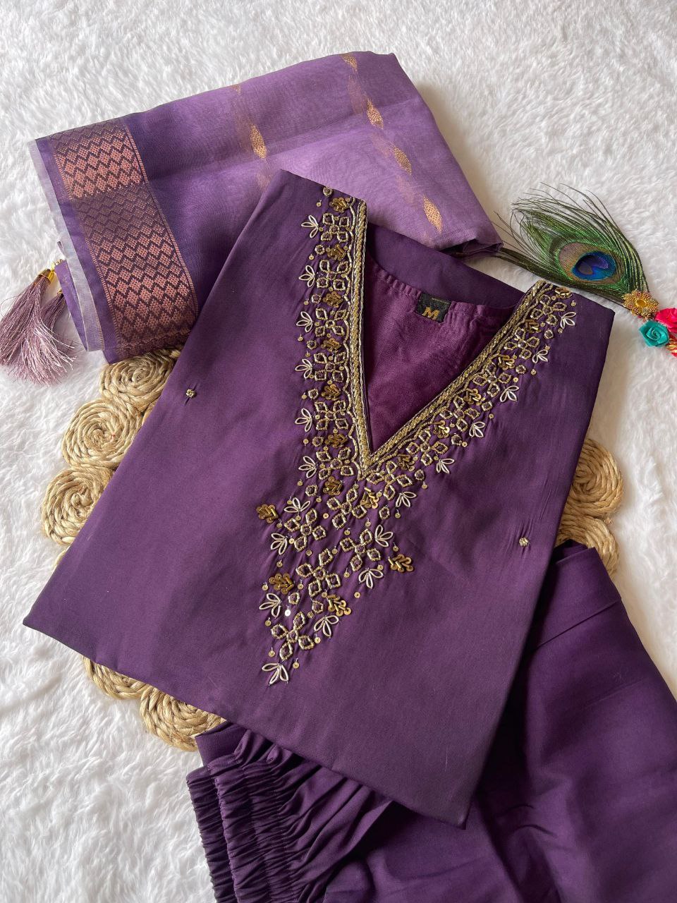 Unique Wine Color Hand Work Roman Silk Salwar Suit