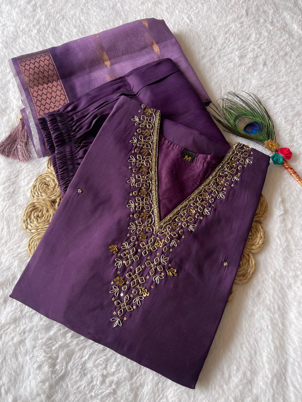 Unique Wine Color Hand Work Roman Silk Salwar Suit