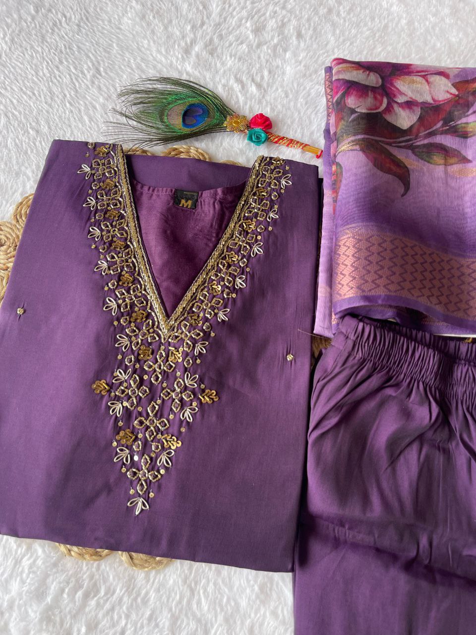 Unique Wine Color Hand Work Roman Silk Salwar Suit