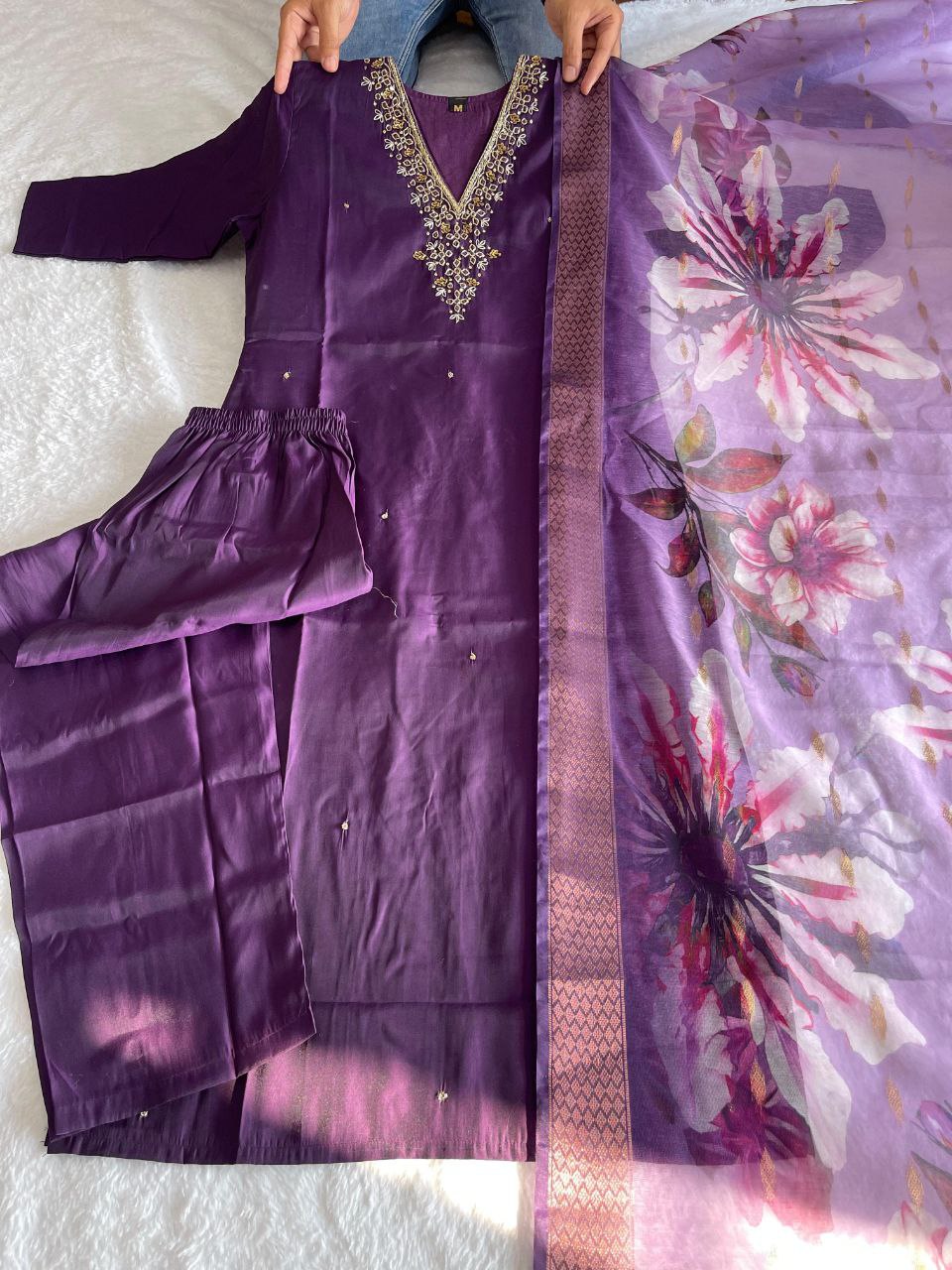 Unique Wine Color Hand Work Roman Silk Salwar Suit