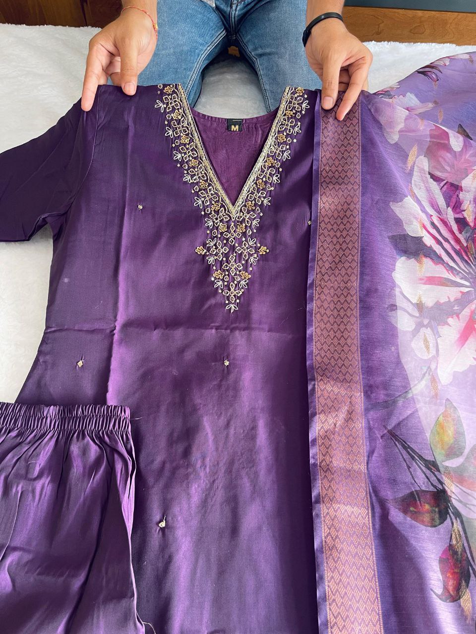 Unique Wine Color Hand Work Roman Silk Salwar Suit