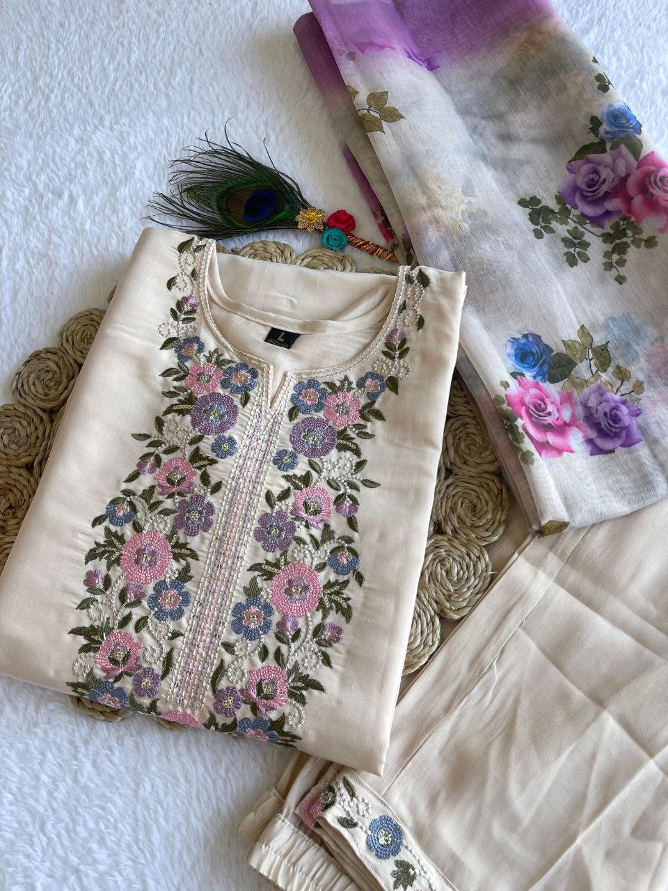 Pleasant Cream Color Roman Silk Embroidered Sequence Work Salwar Suit