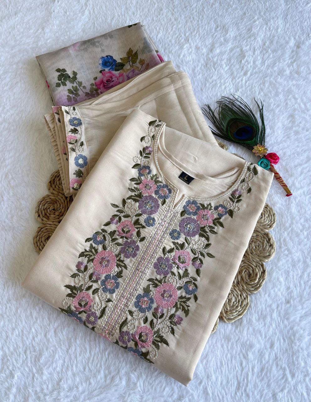 Pleasant Cream Color Roman Silk Embroidered Sequence Work Salwar Suit