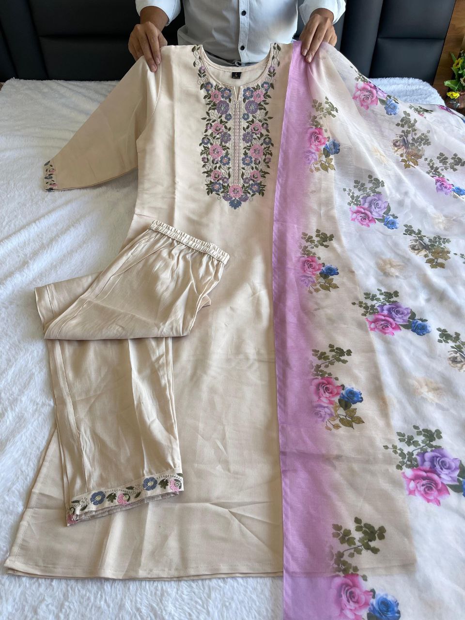 Pleasant Cream Color Roman Silk Embroidered Sequence Work Salwar Suit