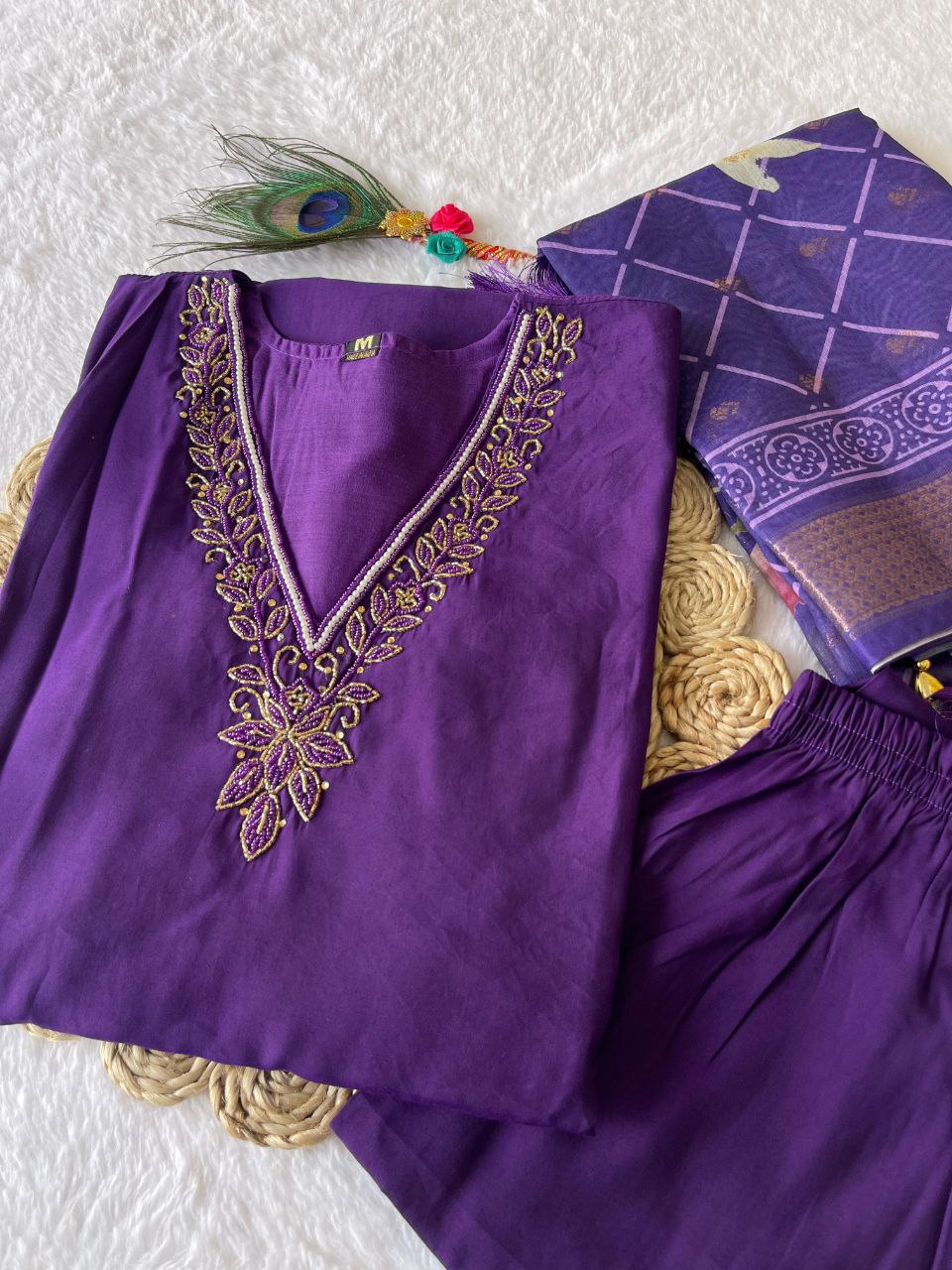 Stunning Purple Color Roman Silk Hand Work Ready Made Salwar Suit