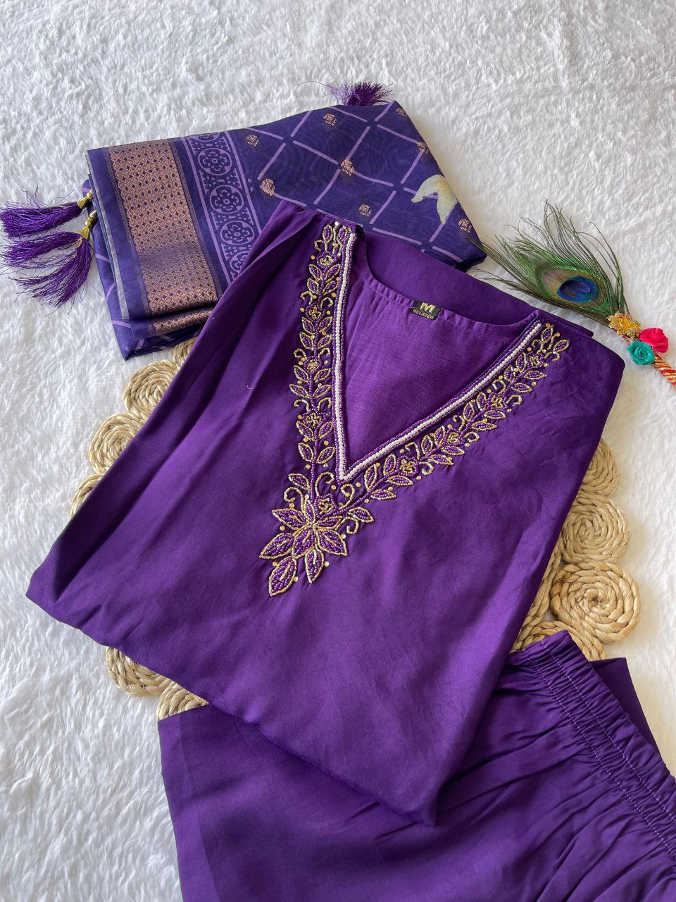 Stunning Purple Color Roman Silk Hand Work Ready Made Salwar Suit