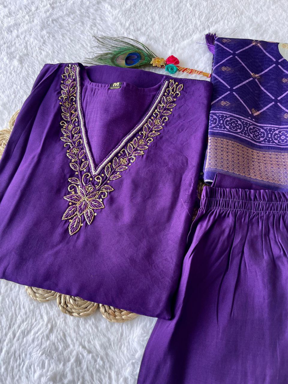 Stunning Purple Color Roman Silk Hand Work Ready Made Salwar Suit