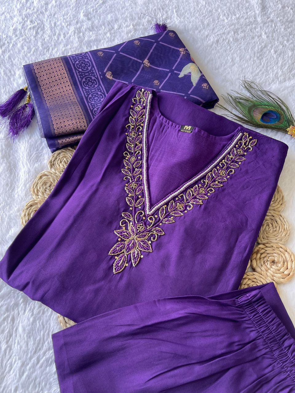 Stunning Purple Color Roman Silk Hand Work Ready Made Salwar Suit