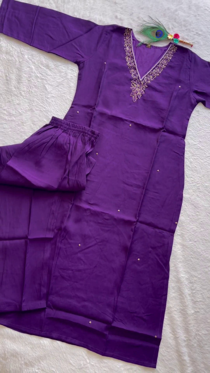 Stunning Purple Color Roman Silk Hand Work Ready Made Salwar Suit