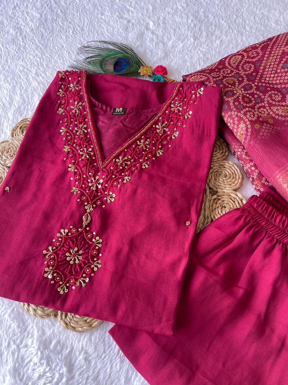 Cherry Color Hand Work Roman Silk Ready Made Salwar Suit For Women