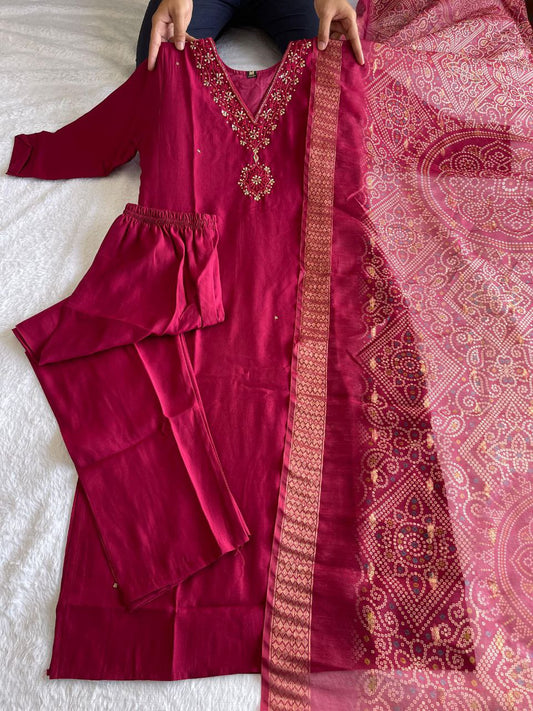 Cherry Color Hand Work Roman Silk Ready Made Salwar Suit For Women
