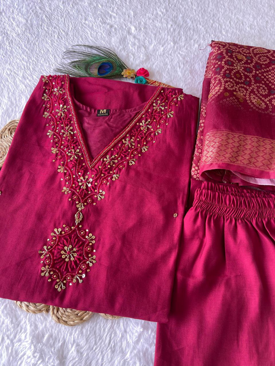 Cherry Color Hand Work Roman Silk Ready Made Salwar Suit For Women