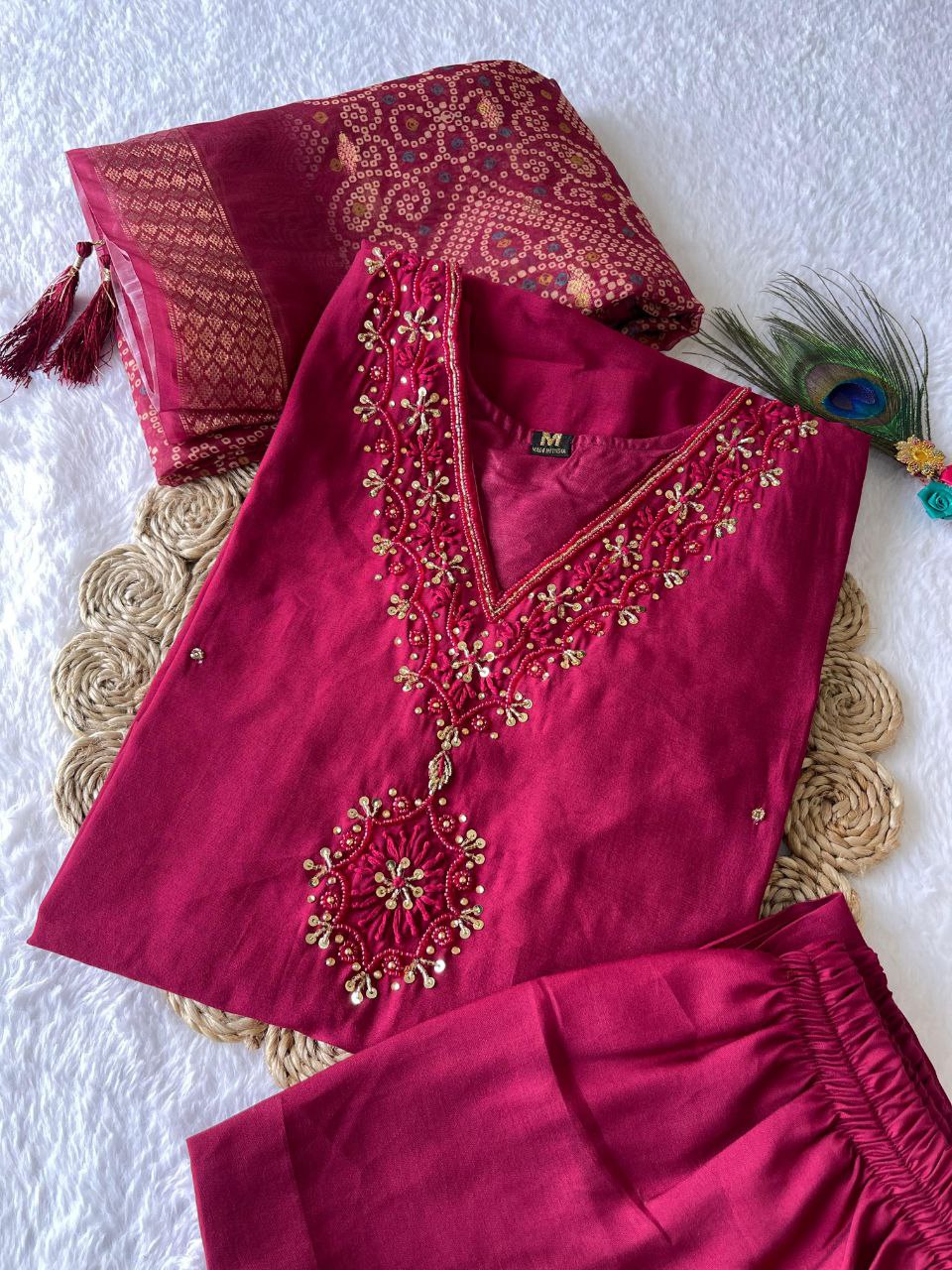 Cherry Color Hand Work Roman Silk Ready Made Salwar Suit For Women