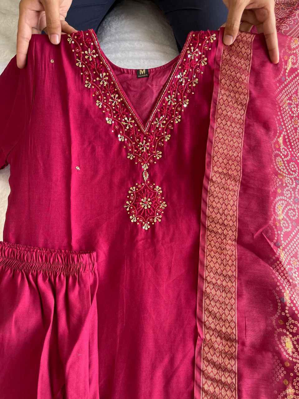 Cherry Color Hand Work Roman Silk Ready Made Salwar Suit For Women