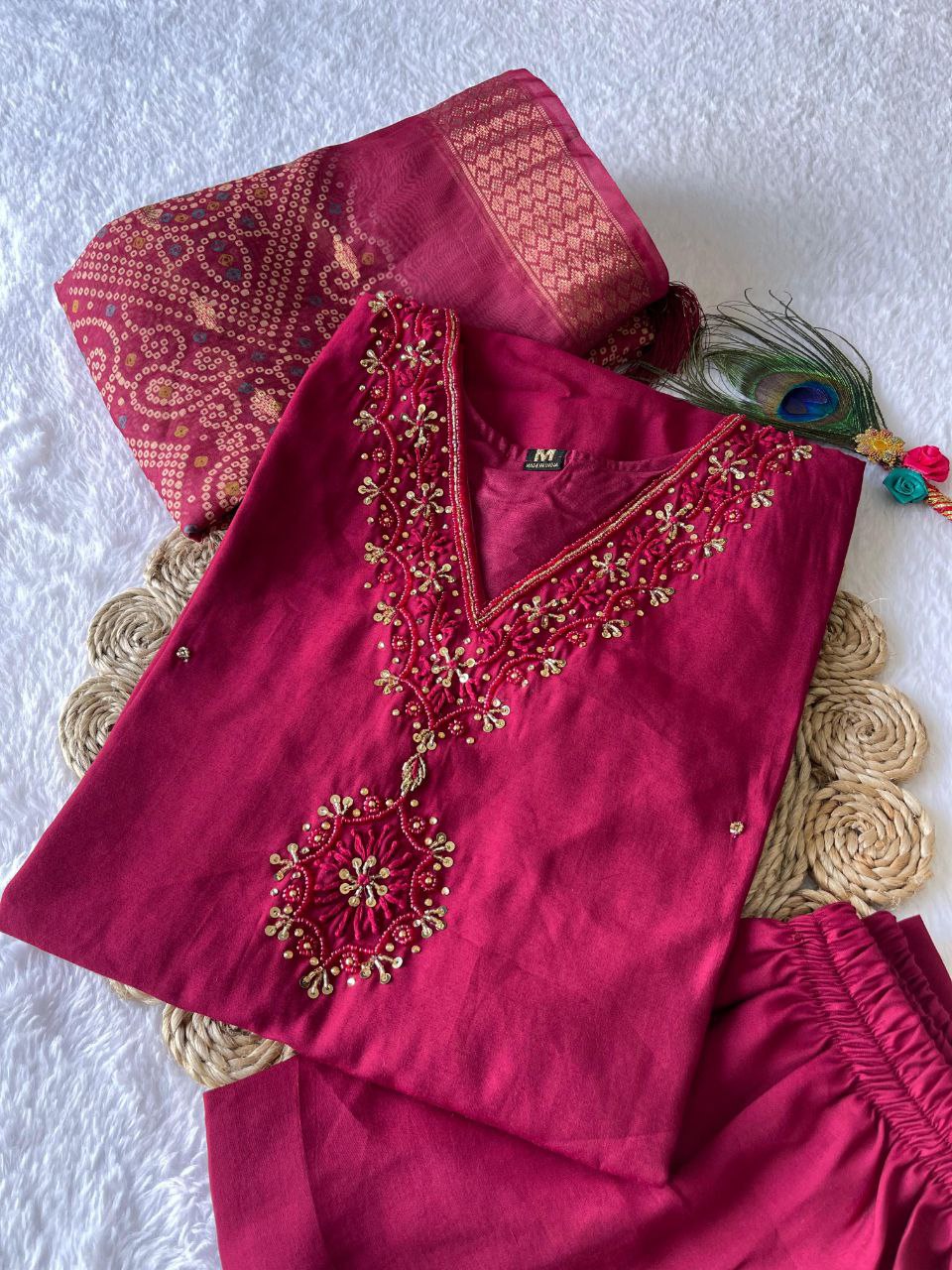 Cherry Color Hand Work Roman Silk Ready Made Salwar Suit For Women