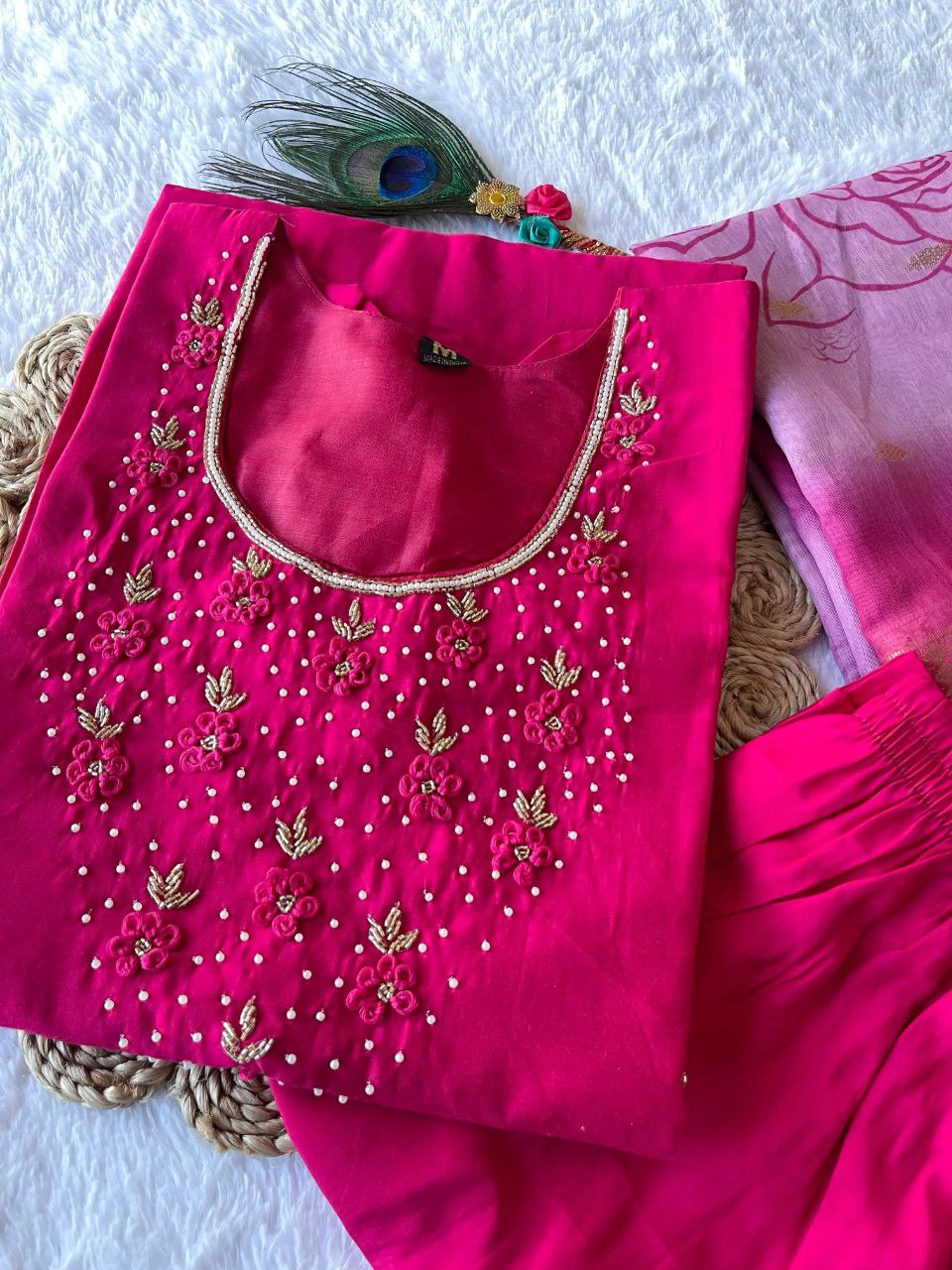 Latest Pink Color Ready Made Roman Silk Hand Work Salwar Suit