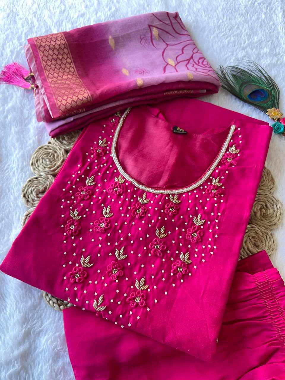 Latest Pink Color Ready Made Roman Silk Hand Work Salwar Suit