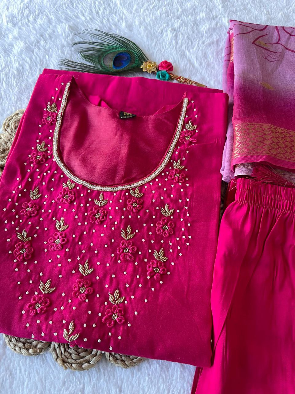 Latest Pink Color Ready Made Roman Silk Hand Work Salwar Suit