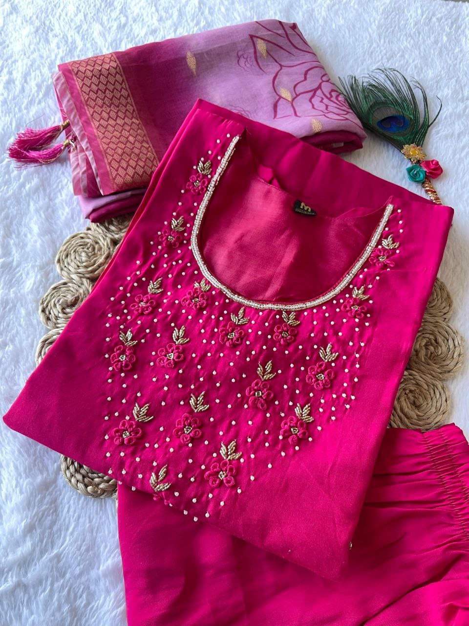 Latest Pink Color Ready Made Roman Silk Hand Work Salwar Suit