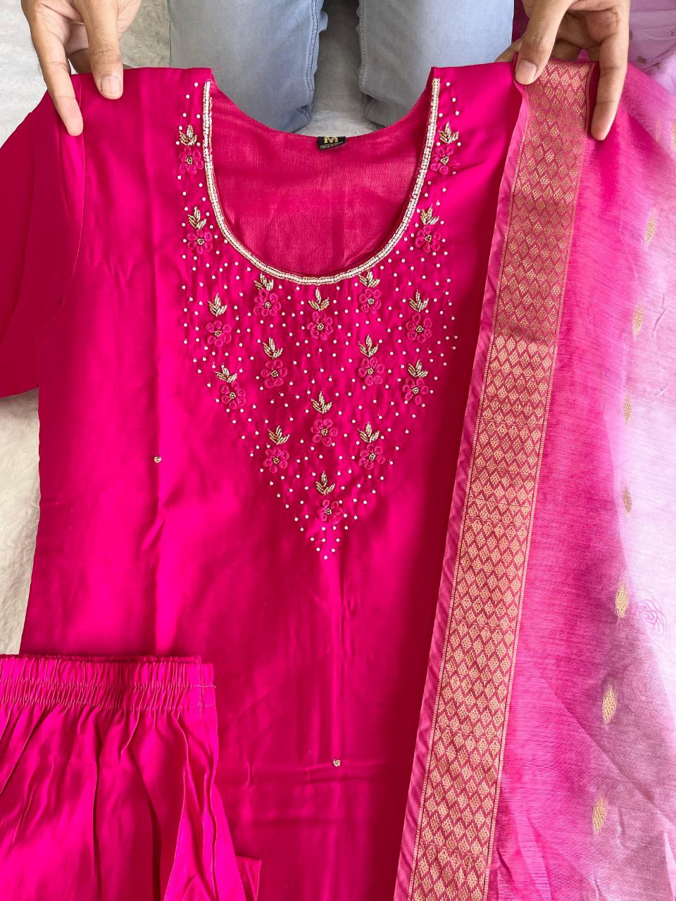 Latest Pink Color Ready Made Roman Silk Hand Work Salwar Suit