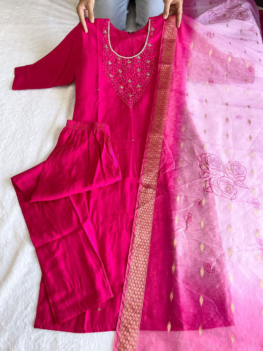 Latest Pink Color Ready Made Roman Silk Hand Work Salwar Suit