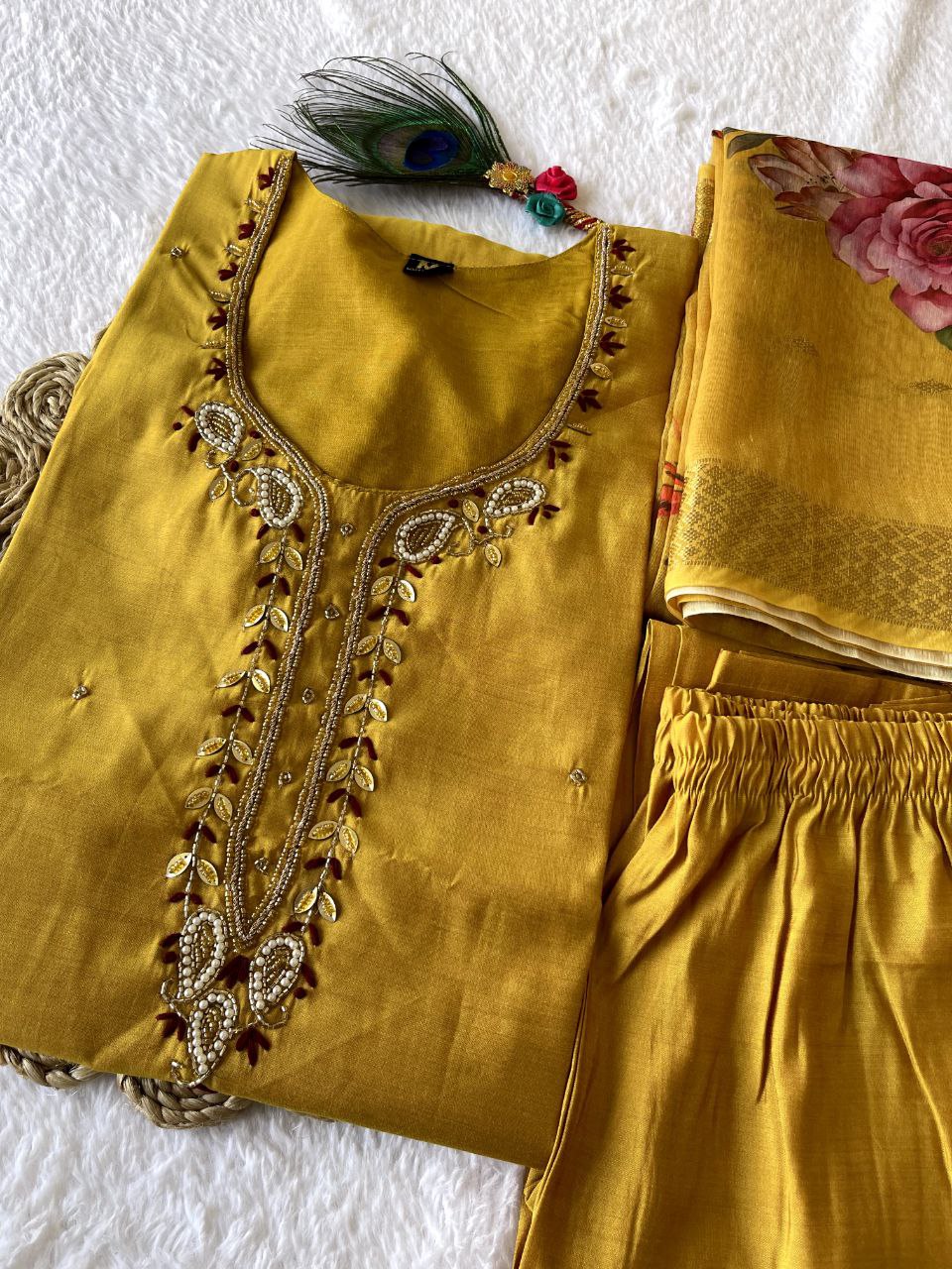 Party Wear Yellow Color Ready Made Roman Silk Hand Work Salwar Suit