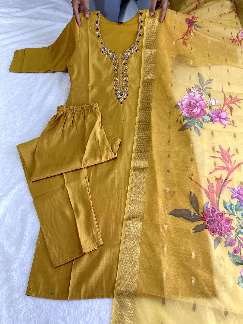 Party Wear Yellow Color Ready Made Roman Silk Hand Work Salwar Suit