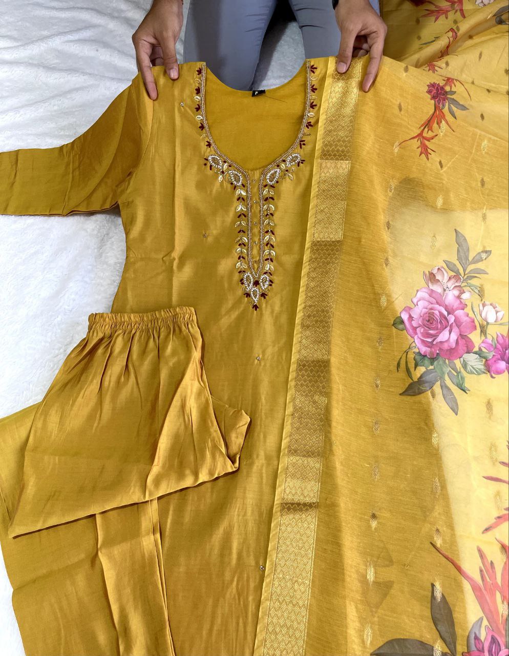 Party Wear Yellow Color Ready Made Roman Silk Hand Work Salwar Suit