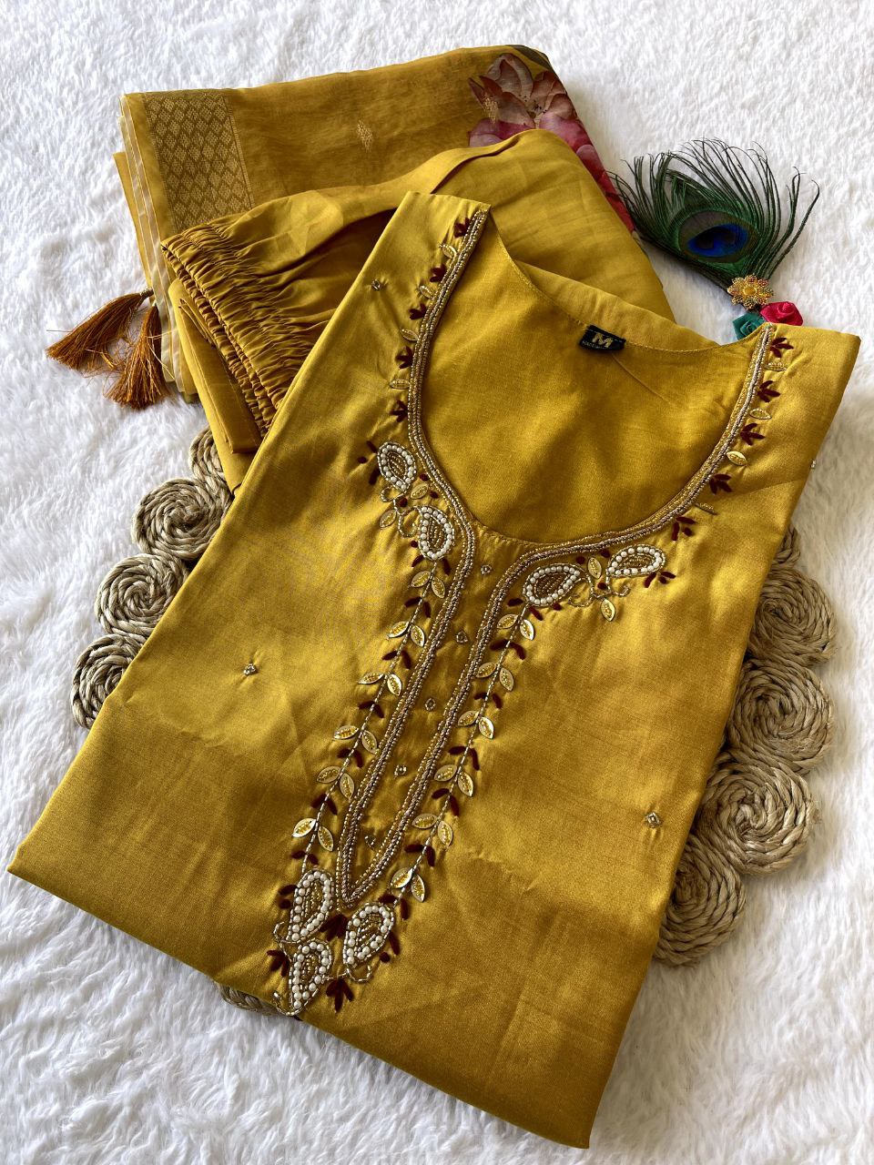 Party Wear Yellow Color Ready Made Roman Silk Hand Work Salwar Suit