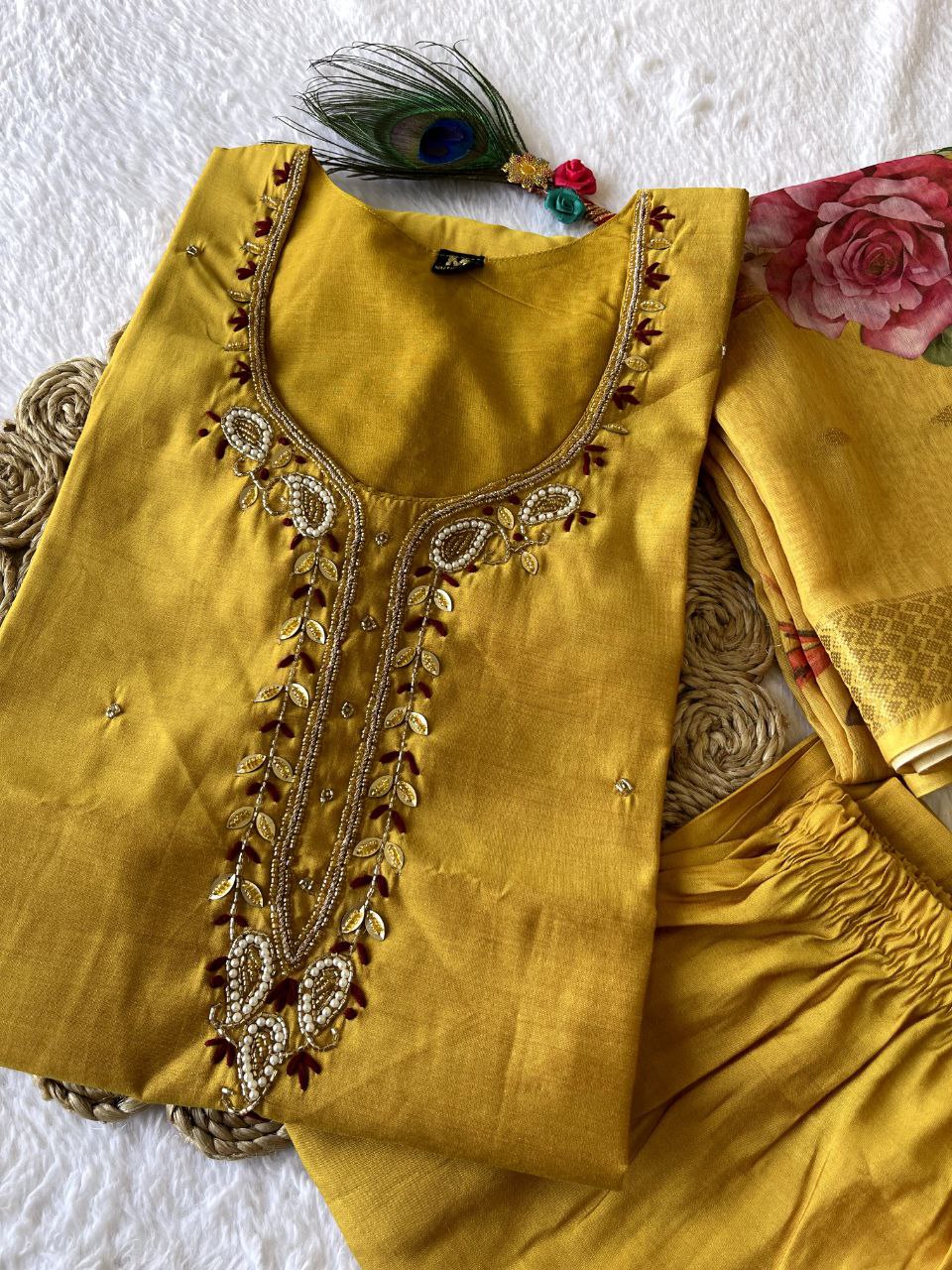 Party Wear Yellow Color Ready Made Roman Silk Hand Work Salwar Suit