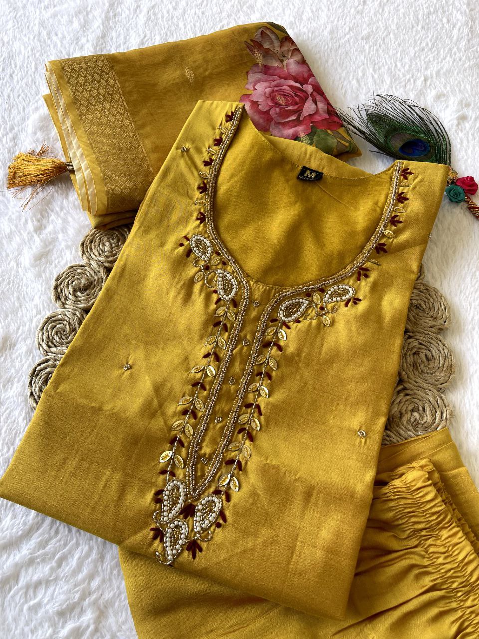 Party Wear Yellow Color Ready Made Roman Silk Hand Work Salwar Suit