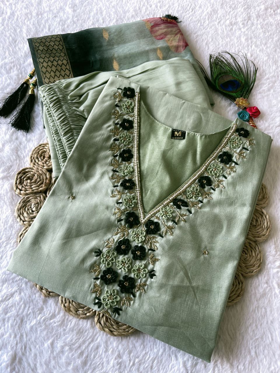 Trendy Pista Color Roman Silk Hand Work Ready Made Salwar Suit