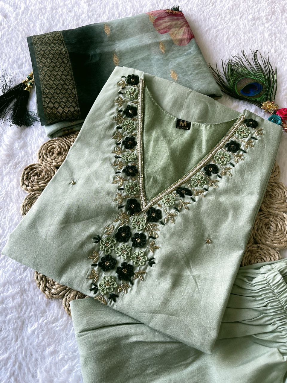 Trendy Pista Color Roman Silk Hand Work Ready Made Salwar Suit