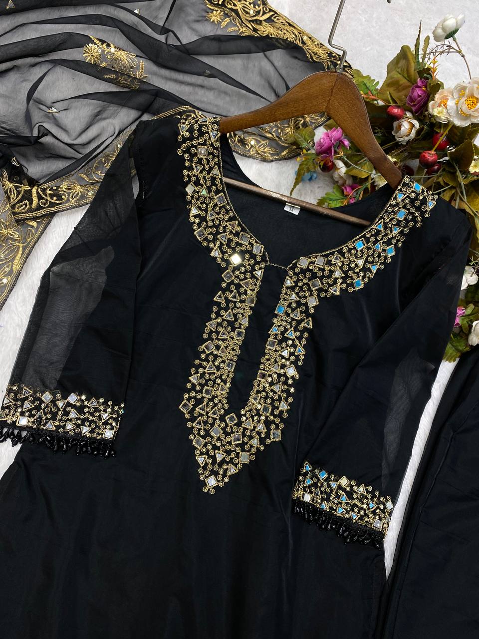 Organza Mirror Embroidery Work Party Wear Salwar Suit