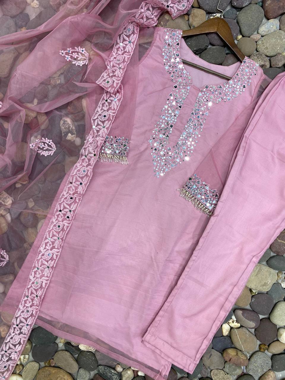 Organza Mirror Embroidery Work Party Wear Salwar Suit