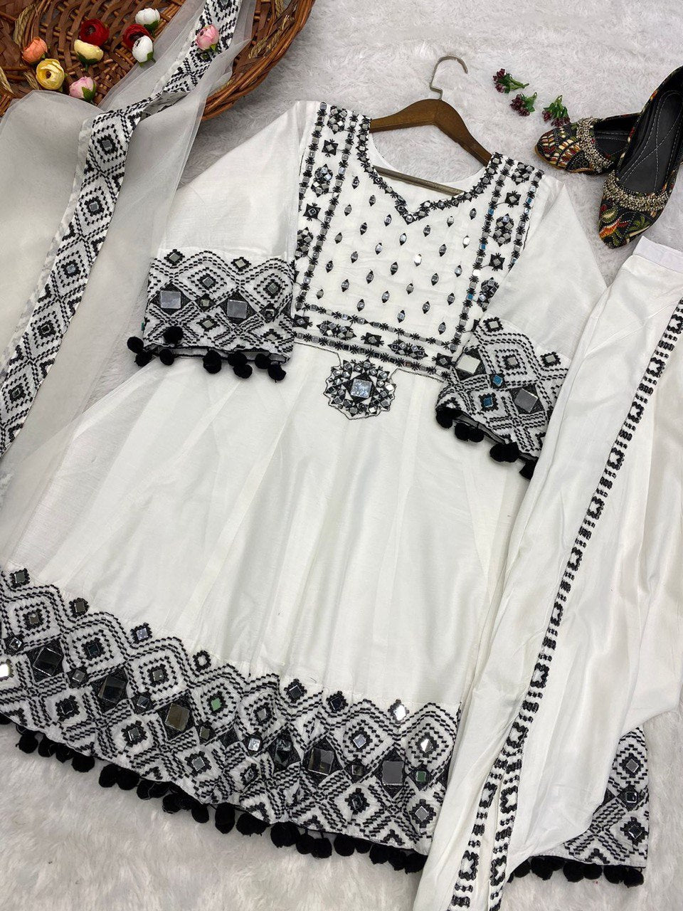 Trending Designer Top Embroidery Real Mirror Work With Dupatta And Dhoti