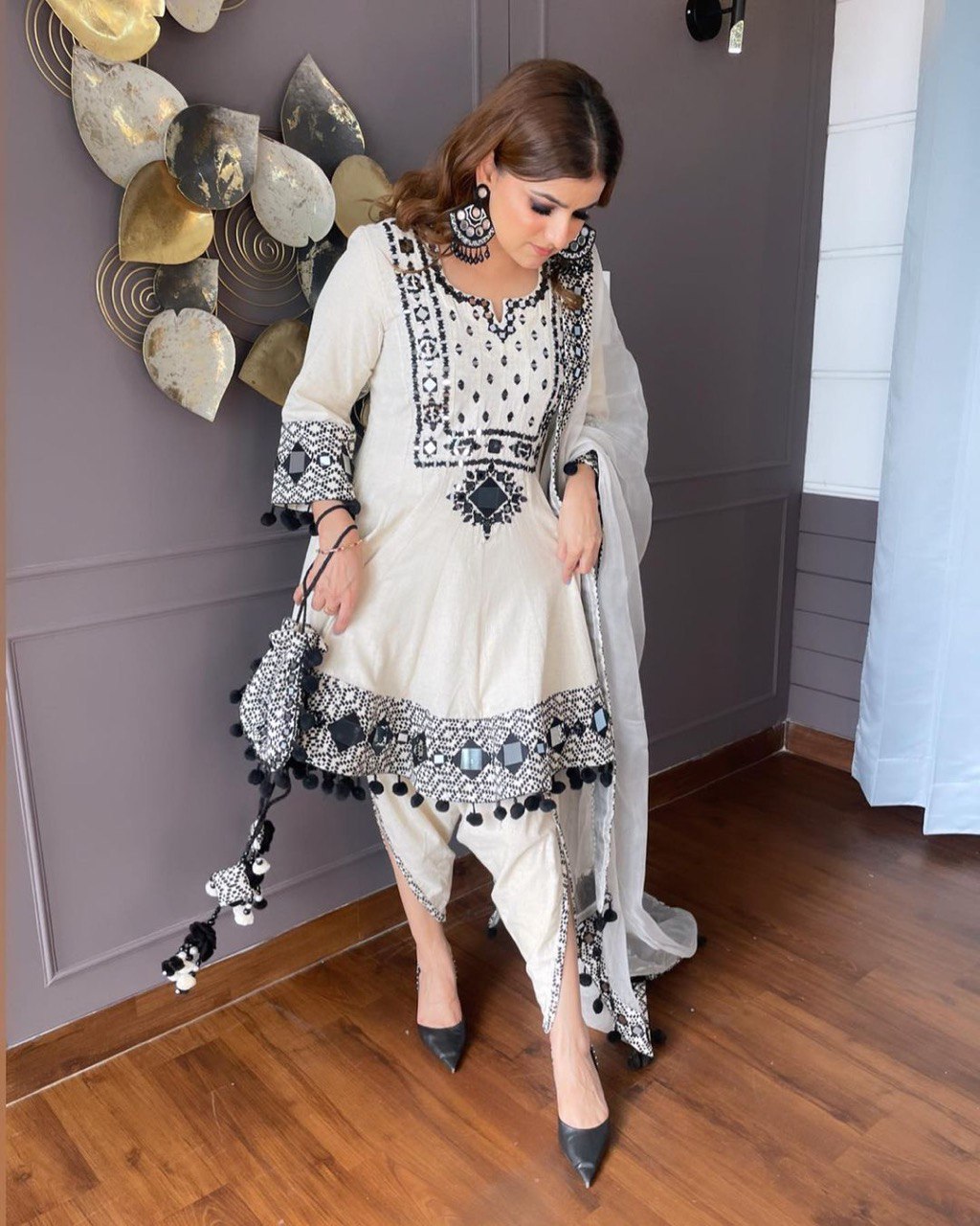 Trending Designer Top Embroidery Real Mirror Work With Dupatta And Dhoti