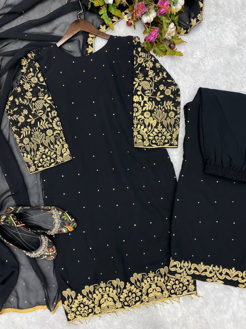 Graceful Black Color Georgette Diamond Sequence Embroidered Work Salwar Suit