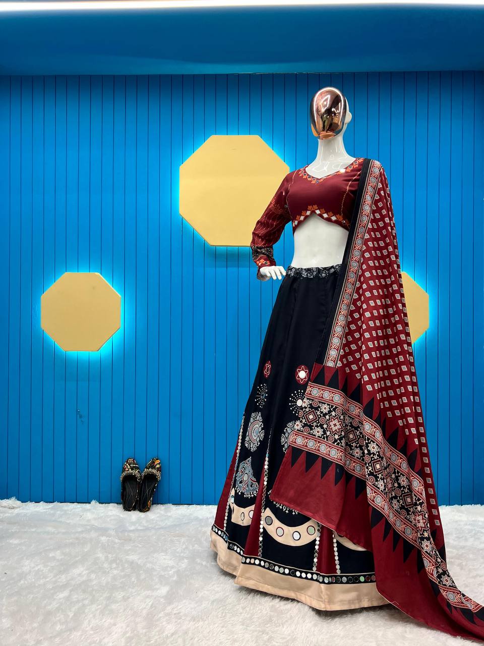 Mirror Work Printed Black Rayon Lehenga Choli